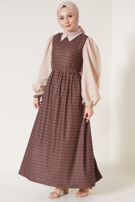 Kolları Coton Beli Büzgülü Kahve Elbise