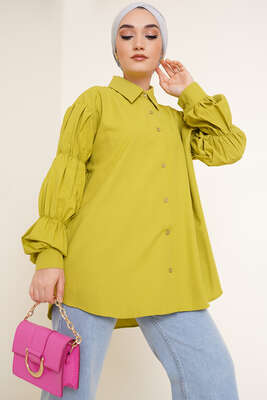 Kolları Lastikli Oversize Gömlek Neon Yeşil 