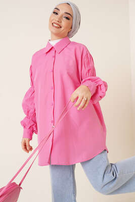 Kolları Lastikli Oversize Gömlek Pembe - Gömlek