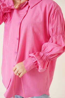 Kolları Lastikli Oversize Gömlek Pembe - Gömlek