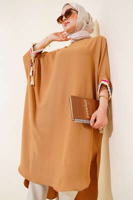 Kolları Püsküllü Yarasa Kol Tunik Camel 