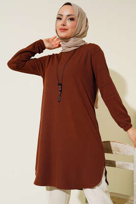 Kolları Taşlı Kolyeli Tunik Kahve - Tunik