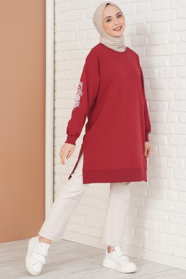 Kolu Çiçek Baskılı Burgonya Tunik - Tunik