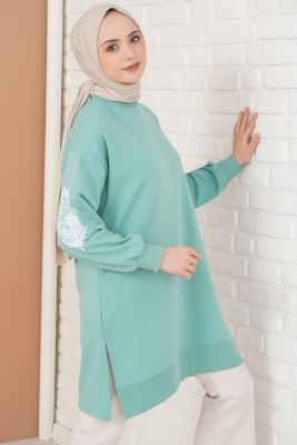 Kolu Çiçek Baskılı Çağla Yeşili Tunik 