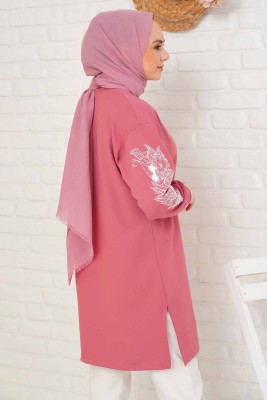 Kolu Çiçek Baskılı Gül Kurusu Tunik - Tunik