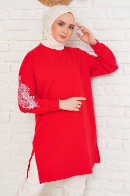 Kolu Çiçek Baskılı Kırmızı Tunik 