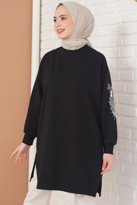 Kolu Çiçek Baskılı Siyah Tunik 