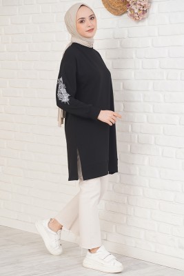 Kolu Çiçek Baskılı Siyah Tunik - Tunik