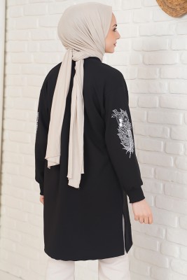 Kolu Çiçek Baskılı Siyah Tunik - Tunik