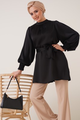 Kolu Ucu Lastikli Siyah Saten Tunik 