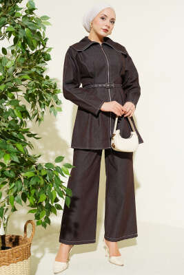 Kot Fermuarlı Pantolon Takım Kahve