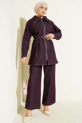 Kot Fermuarlı Pantolon Takım Mürdüm