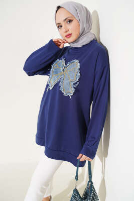 Kot Fiyonk Nakışlı Tunik Camel Lacivert - Tunik
