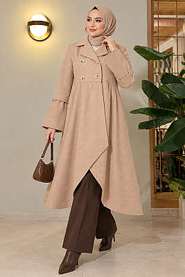 Kruvaze Yaka Asimetrik Kaşe Kaban Latte - Kaban