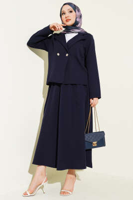 Kruvaze Yaka Ceketli Etekli Dabıl Takım Lacivert - TEGOE