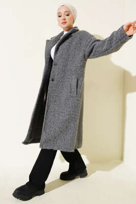 Kruvaze Yaka Düğme Detaylı Kaşe Kaban Füme 