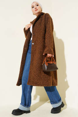 Kruvaze Yaka Düğme Detaylı Kaşe Kaban Taba 