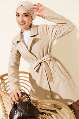 Kruvaze Yaka Kuşaklı Kısa Deri Trençkot Bej - TABLO FASHİON