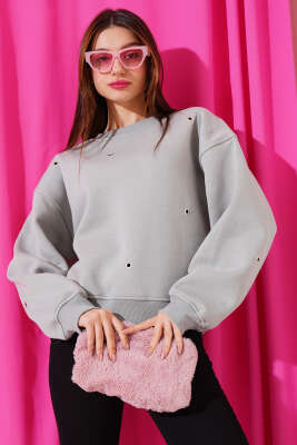 Kuş Gözlü Üç İplik Sweatshirt Gri - Kadın Giyim Modelleri