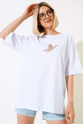 Kuş Pul Desenli T-shirt Beyaz 