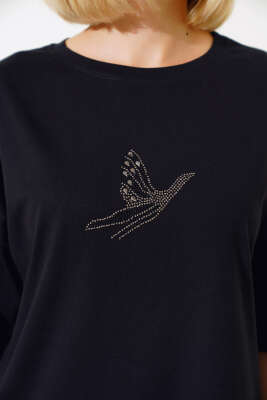 Kuş Pul Desenli T-shirt Siyah - Yeni Giyim