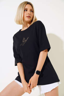 Kuş Pul Desenli T-shirt Siyah - Yeni Giyim