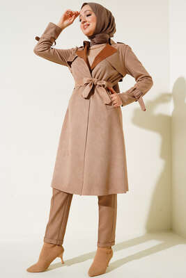 Kuşaklı Araboy Süet Trençkot Camel - Trençkot