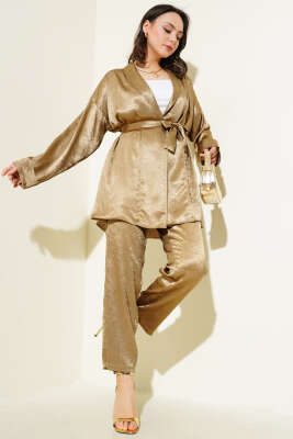 Kuşaklı Kırışık Saten İkili Takım Altuni 