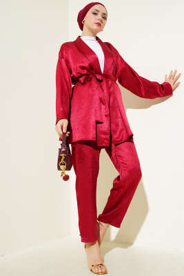Kuşaklı Kırışık Saten İkili Takım Bordo 