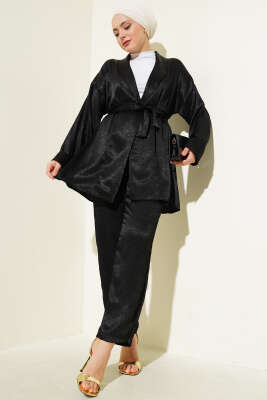 Kuşaklı Kırışık Saten İkili Takım Siyah 