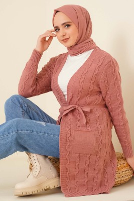 Kuşaklı Örgü Hırka Gül Kurusu 