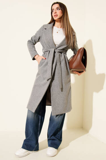 Kuşaklı Uzun Kaşe Kaban Gri - Kadın Giyim Modelleri