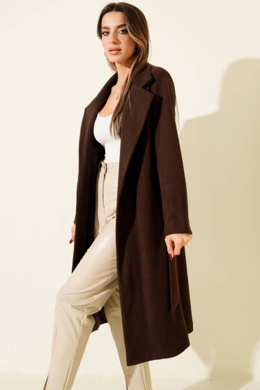 Kuşaklı Uzun Kaşe Kaban Kahve - Kadın Giyim Modelleri