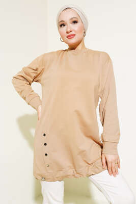 Lastikli Kenar Düğmeli Tunik Camel - Tunik