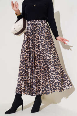 Leopar Desen Pliseli Etek Camel 