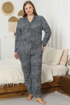 Leopar Desen Süet Büyük Beden Pijama Takım Mavi - Pijama