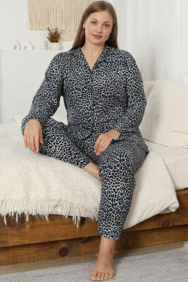 Leopar Desen Süet Büyük Beden Pijama Takım Mavi - Pijama