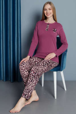 Leopar Desen Uzun Kol Pijama Takım Magenta - Kadın Pijama Takımı