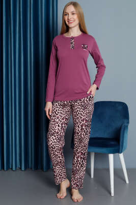 Leopar Desen Uzun Kol Pijama Takım Magenta - Kadın Pijama Takımı
