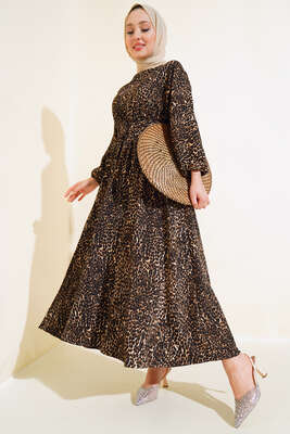 Leopar Desenli Elbise Camel 