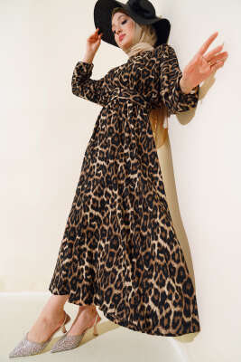 Leopar Desenli Elbise Latte - Elbise