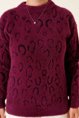 Leopar Desenli Sakallı Kazak Magenta - Triko Kazak
