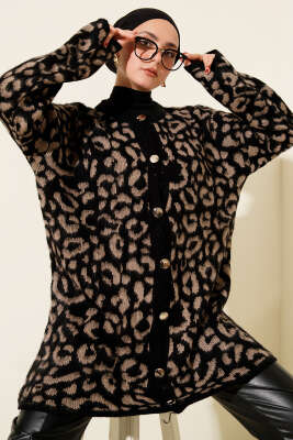 Leopar Desenli Şardonlu Triko Hırka Latte 