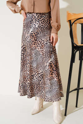 Leopar Desenli Saten Etek Camel 