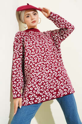 Leopar Desenli Triko Tunik Bordo 