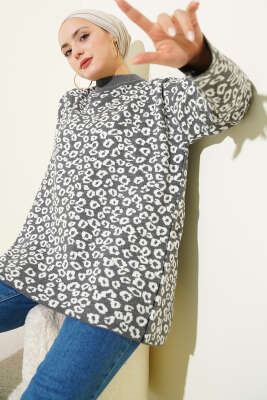 Leopar Desenli Triko Tunik Füme 