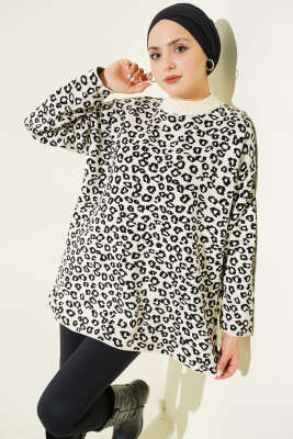 Leopar Desenli Triko Tunik Krem 
