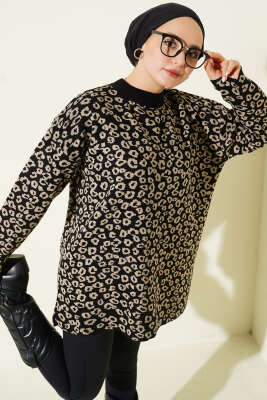 Leopar Desenli Triko Tunik Siyah 