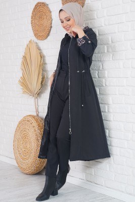 Leopar Detaylı Siyah Trençkot