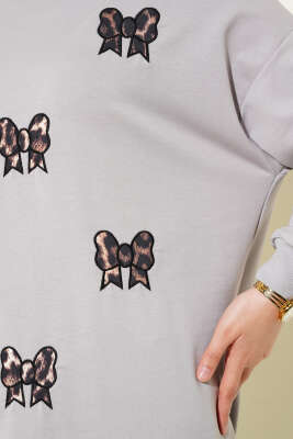 Leopar Fiyonk Nakışlı Tunik Gri - Tunik